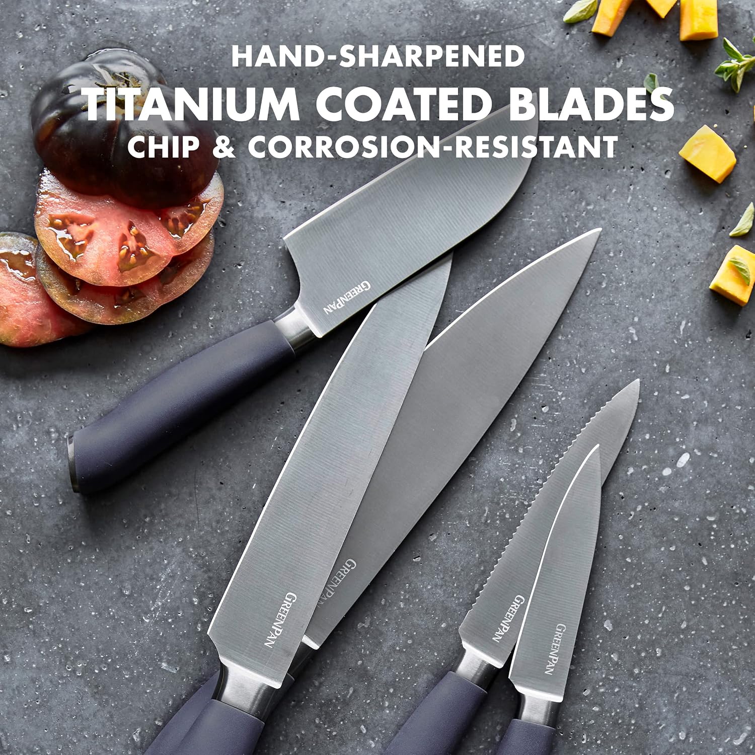 GreenPan 16-Piece Knife Block Set, Professional Stainless Steel Blades with Titanium Coating, Ultra-Sharp Kitchen Cutlery, Chef, Santoku, Bread & Steak Knives, Ergonomic Grip, Slip Resistant, Gray