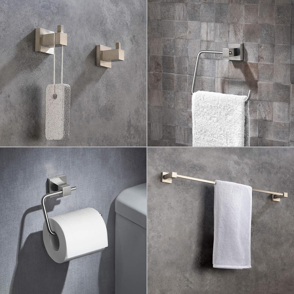 KIBI Cube 5 Piece Brushed Nickel Bathroom Hardware Set | Towel Bar (24'), Towel Ring, Toilet Paper Holder, Robe Hooks | Towel Holder & Toilet Paper Roller for Bathroom (C-KBA15-5-2)