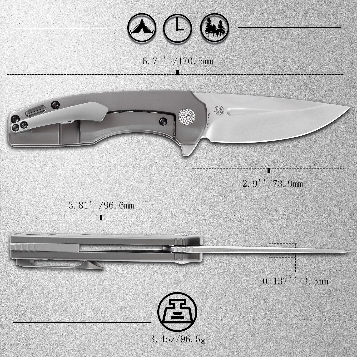 KANSEPT Cassowary Premium Pocket Folding Knives for Men EDC Pocket Knife 2.9'' Stonewashed CPM S35VN Blade Excellent Folding Knife with Grey Anodized Titanium Handle EDC K2065A2