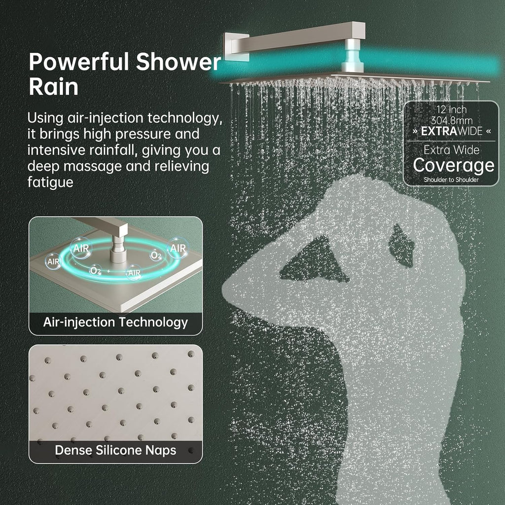 Hoimpro 12 Inch Shower System Set Bathroom Rain Shower Head Brass 2 In 1 Handheld Sprayer Wall Mounted, Rainfall Shower Faucet Spray Fixture Valve Kits Combo Showerhead, Brushed Nickel