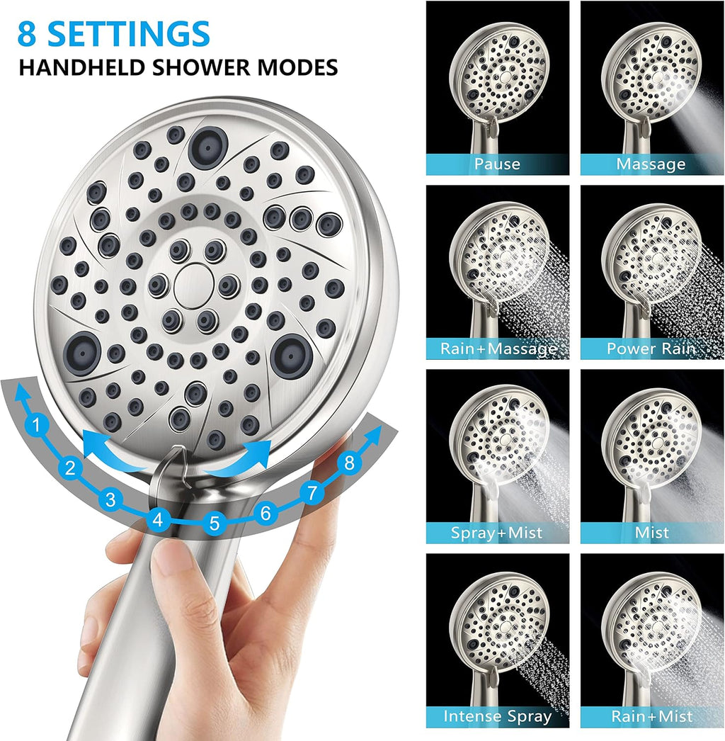 EMBATHER Shower Faucets Sets Complete, with 3 Setting High Pressure Shower Head Combo, Bathroom Wall Mounted Rainfall Shower System Fixtures with 8-Mode Handheld Spray, Brushed Nickel
