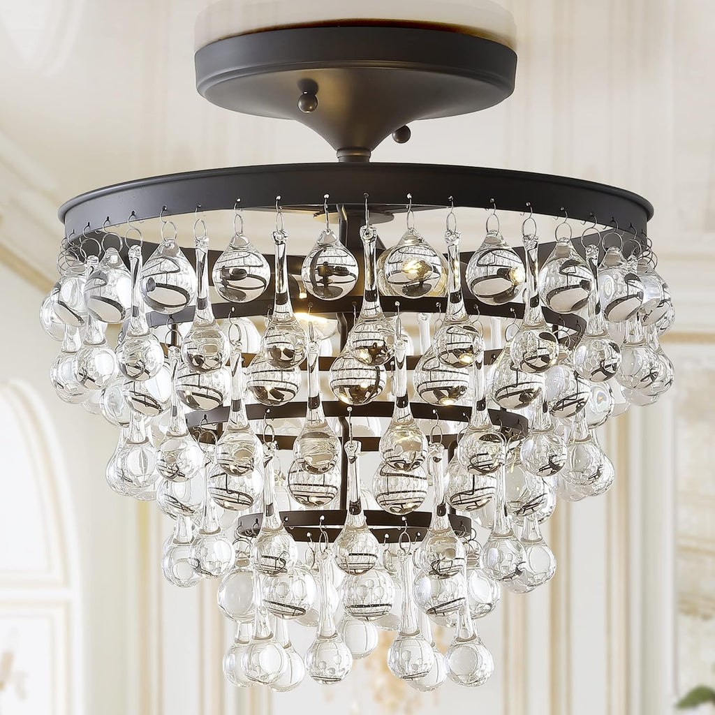 JONATHAN Y 13' Oil Rubbed Bronze Metal LED Flush Mount Ceiling Light Fixture, Clear Crystal Drum Shade for Bedroom Hallway, Modern Glam Chandelier, LED Bulb Included (JYL9029A)