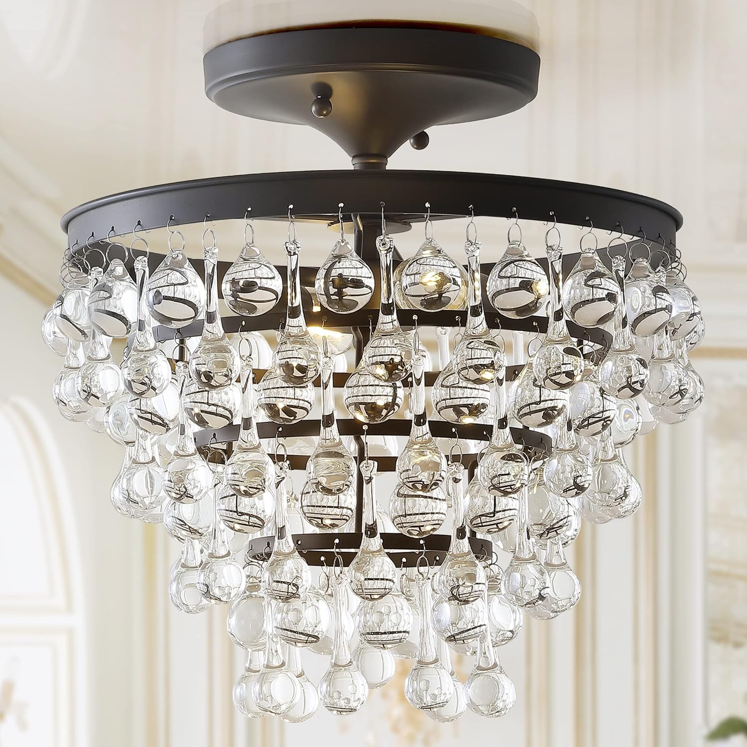 JONATHAN Y 13' Oil Rubbed Bronze Metal LED Flush Mount Ceiling Light Fixture, Clear Crystal Drum Shade for Bedroom Hallway, Modern Glam Chandelier, LED Bulb Included (JYL9029A)