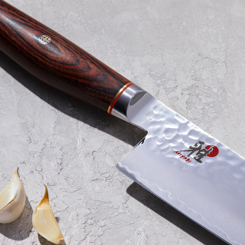 Miyabi Artisan Japanese Santoku Knife, 7-inch, Fine Edge Kitchen Knife, 63 Rockwell hardness, D-shaped, Rosewood Pakkawood handle, Handcrafted in Seki, Japan