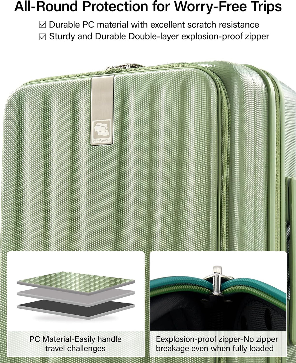 Hanke 24 Inch Expandable Luggage Top Opening Checked Bag Luggage Hard Shell Suitcases with Wheels Lightweight Travel Luggage Medium Suitcase with Lock for Woman Men-Bamboo Green