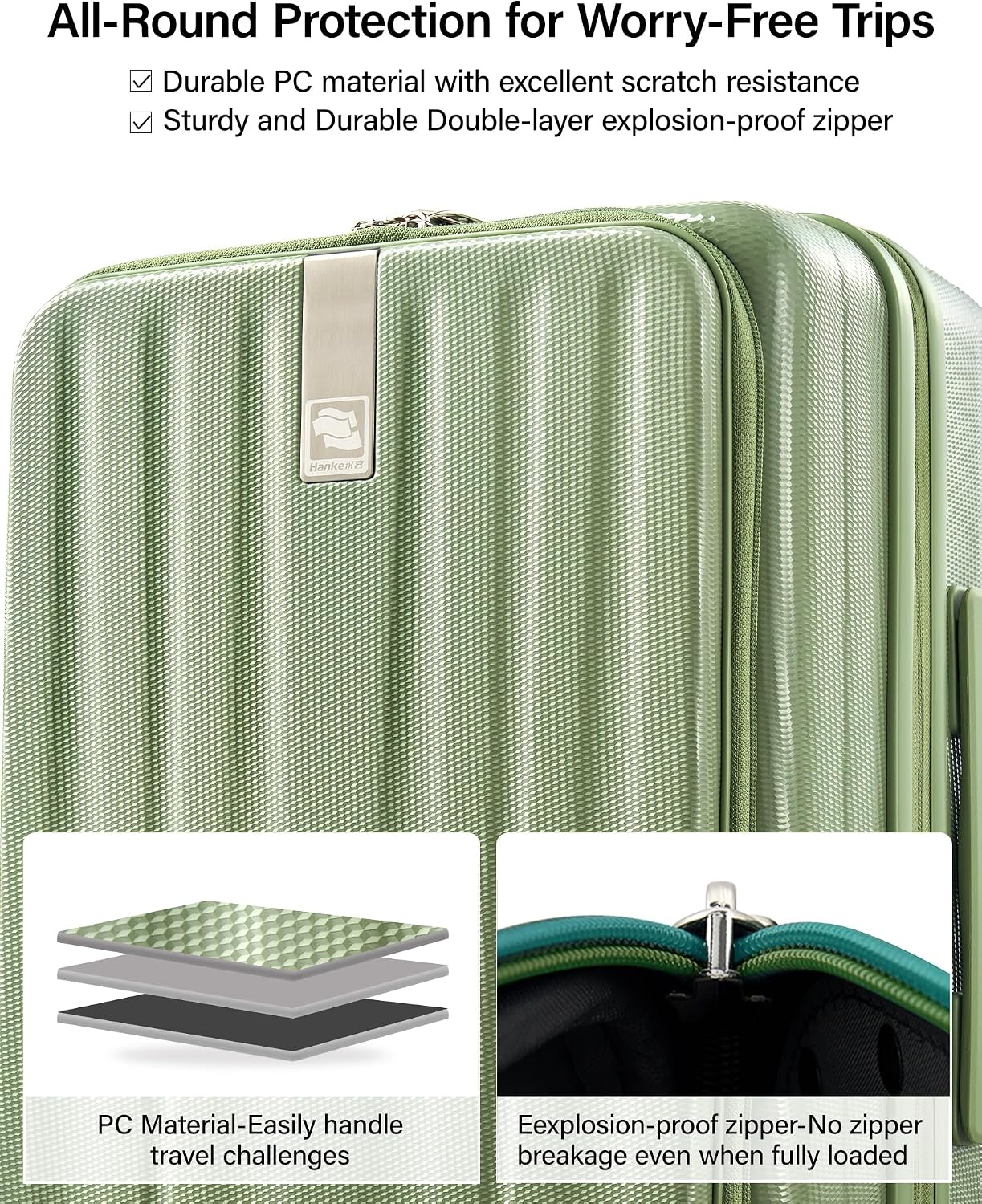 Hanke 24 Inch Expandable Luggage Top Opening Checked Bag Luggage Hard Shell Suitcases with Wheels Lightweight Travel Luggage Medium Suitcase with Lock for Woman Men-Bamboo Green