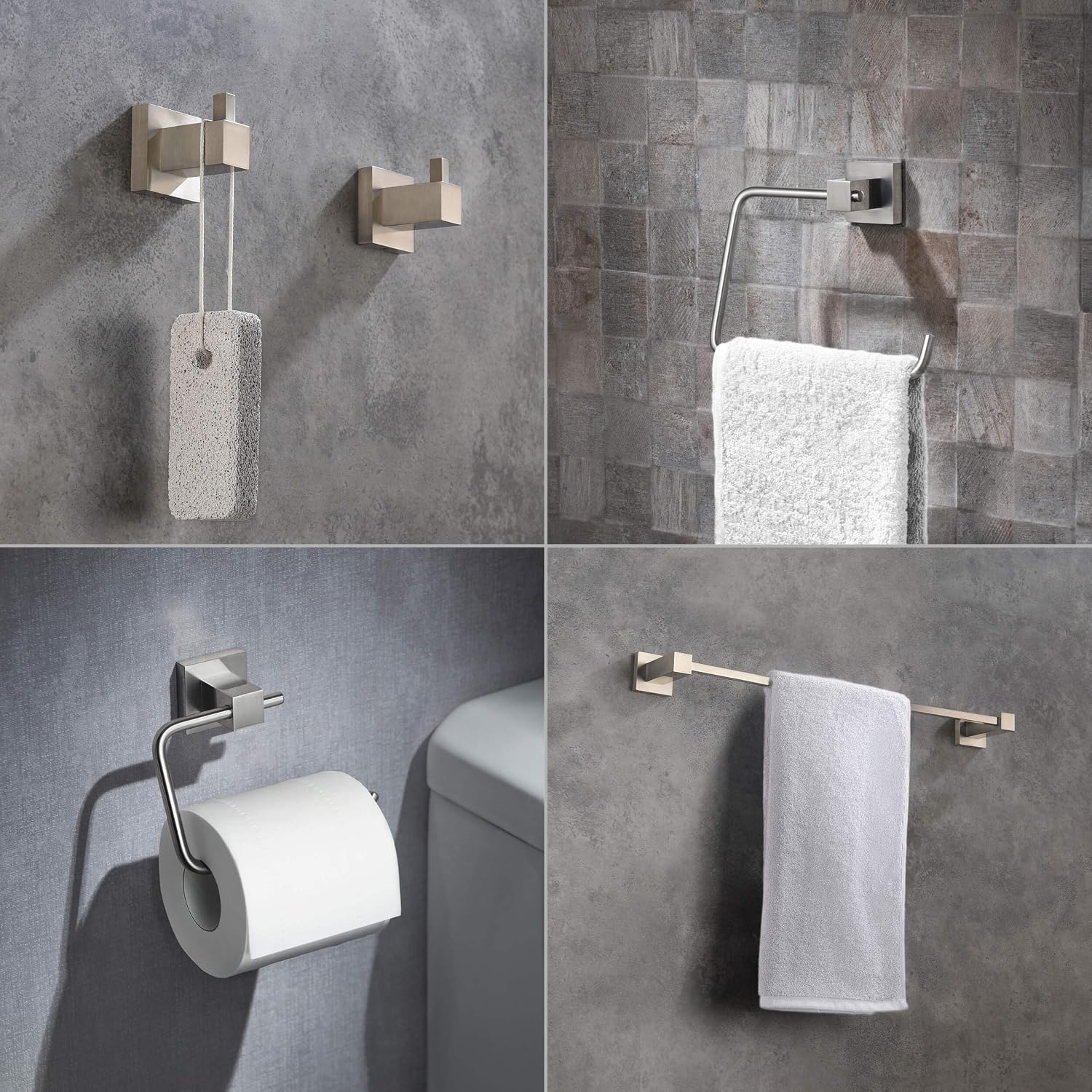KIBI Cube Bathroom Hardware Set, 5-Piece Accessories Set | 18' Towel Bar, Towel Ring, Toilet Paper Holder, 2 Robe Hooks | Solid Brass Wall Mounted Bathroom Fixtures | Brushed Nickel, C-KBA15-5-4