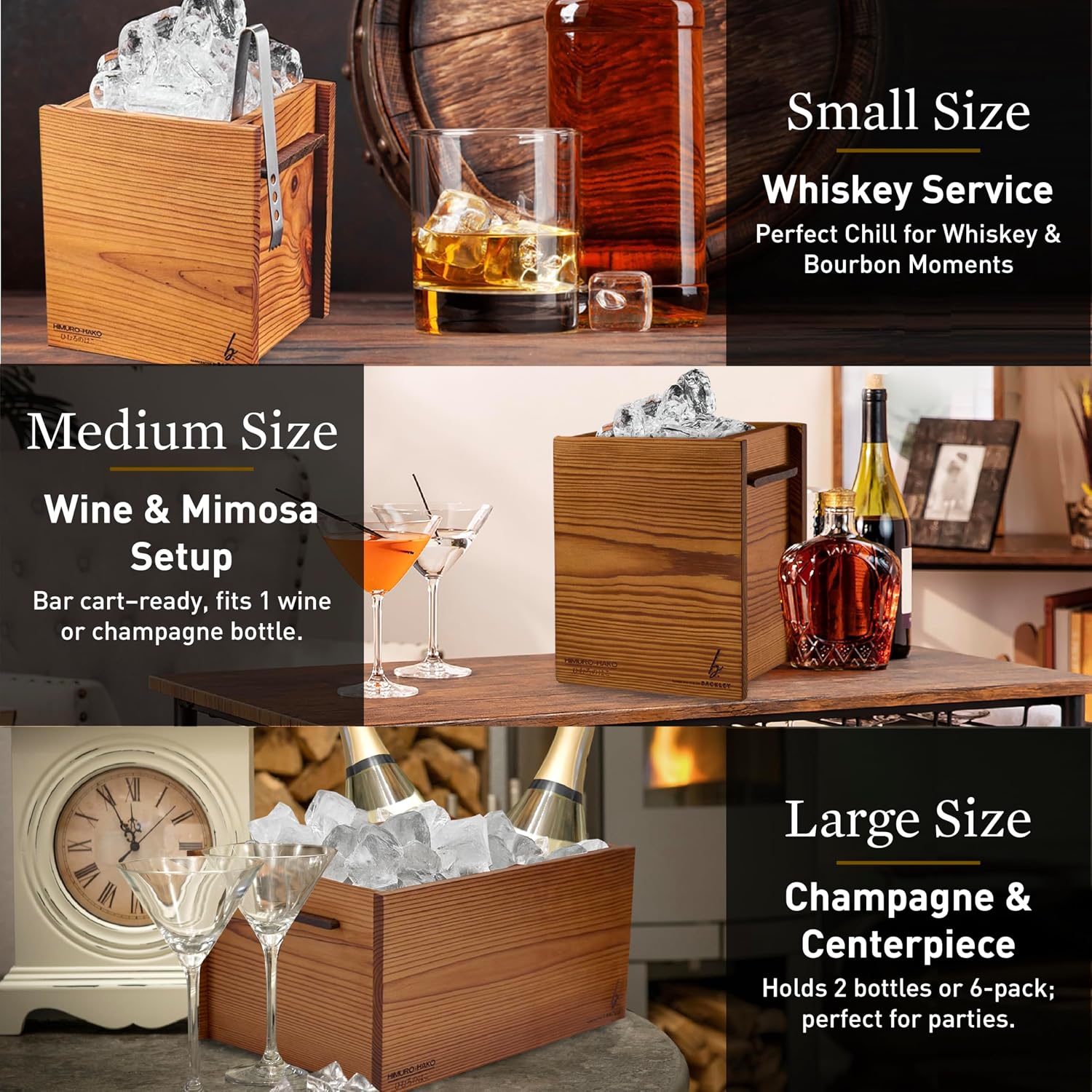 Wooden Ice Bucket for Parties – Insulated Beer & Champagne Cooler, No Condensation – Handcrafted Drink Bucket & Wine Chiller, Hosting Essentials, Mimosa Bar Supplies (Himuro 3-in-1)