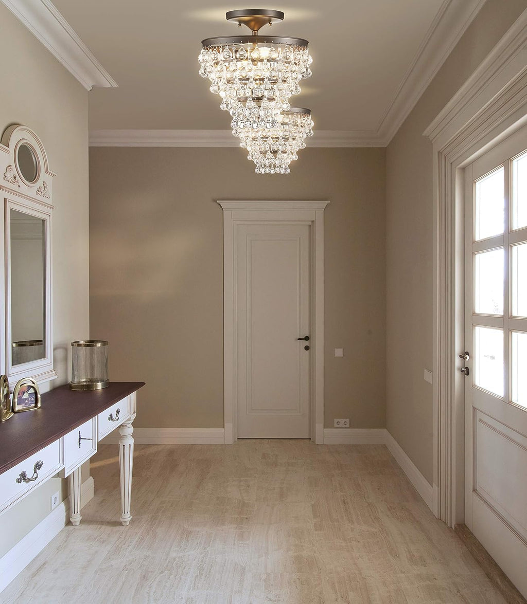 JONATHAN Y 13' Oil Rubbed Bronze Metal LED Flush Mount Ceiling Light Fixture, Clear Crystal Drum Shade for Bedroom Hallway, Modern Glam Chandelier, LED Bulb Included (JYL9029A)