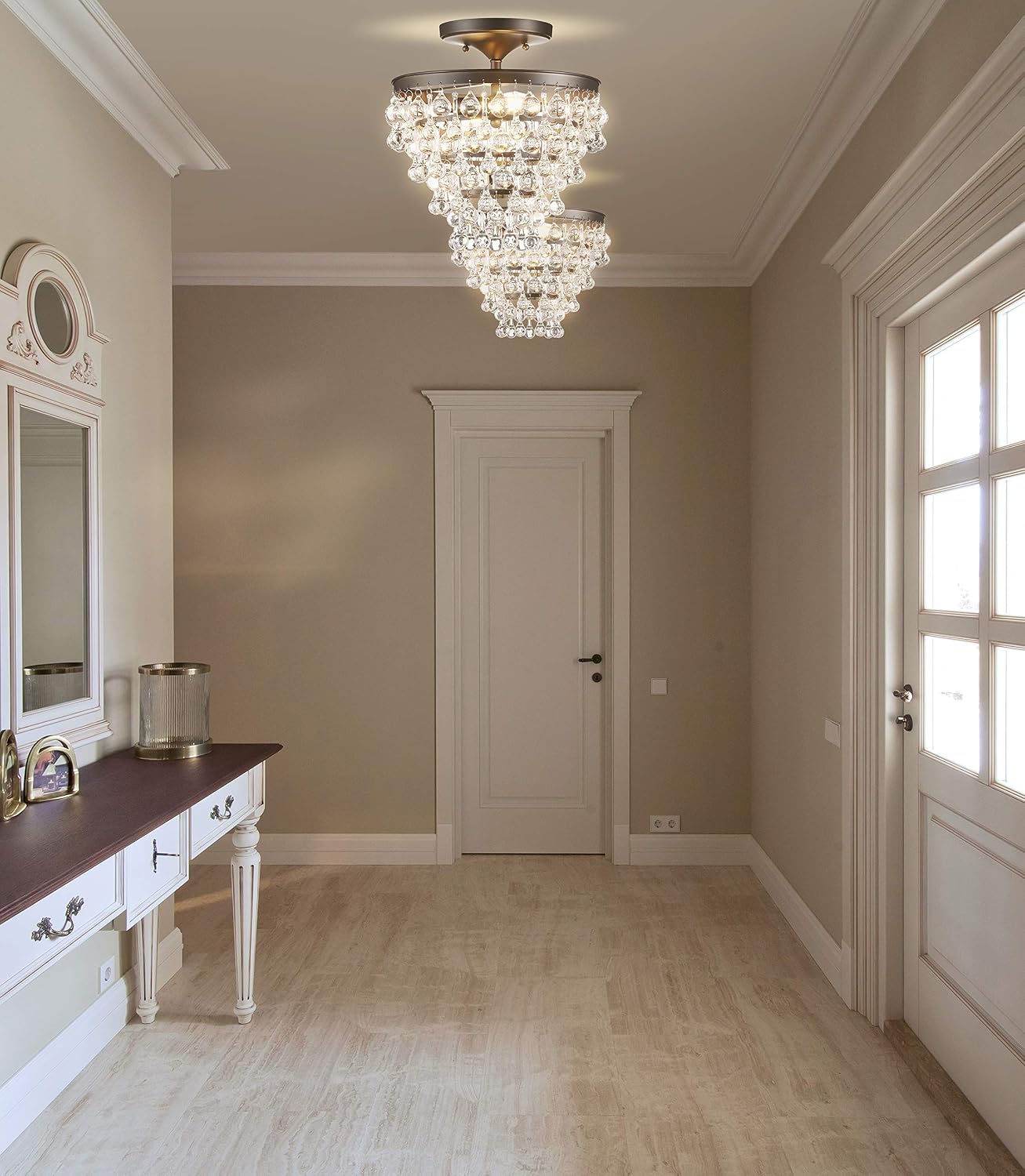 JONATHAN Y 13' Oil Rubbed Bronze Metal LED Flush Mount Ceiling Light Fixture, Clear Crystal Drum Shade for Bedroom Hallway, Modern Glam Chandelier, LED Bulb Included (JYL9029A)