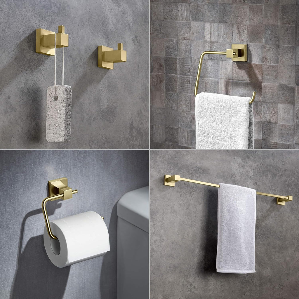 KIBI Cube Bathroom Hardware Set 5 Piece Bathroom Accessories Set | Towel Bar (24'), Towel Ring, Toilet Paper Holder, Robe Hooks (Brushed Gold) (C-KBA15-5-2)