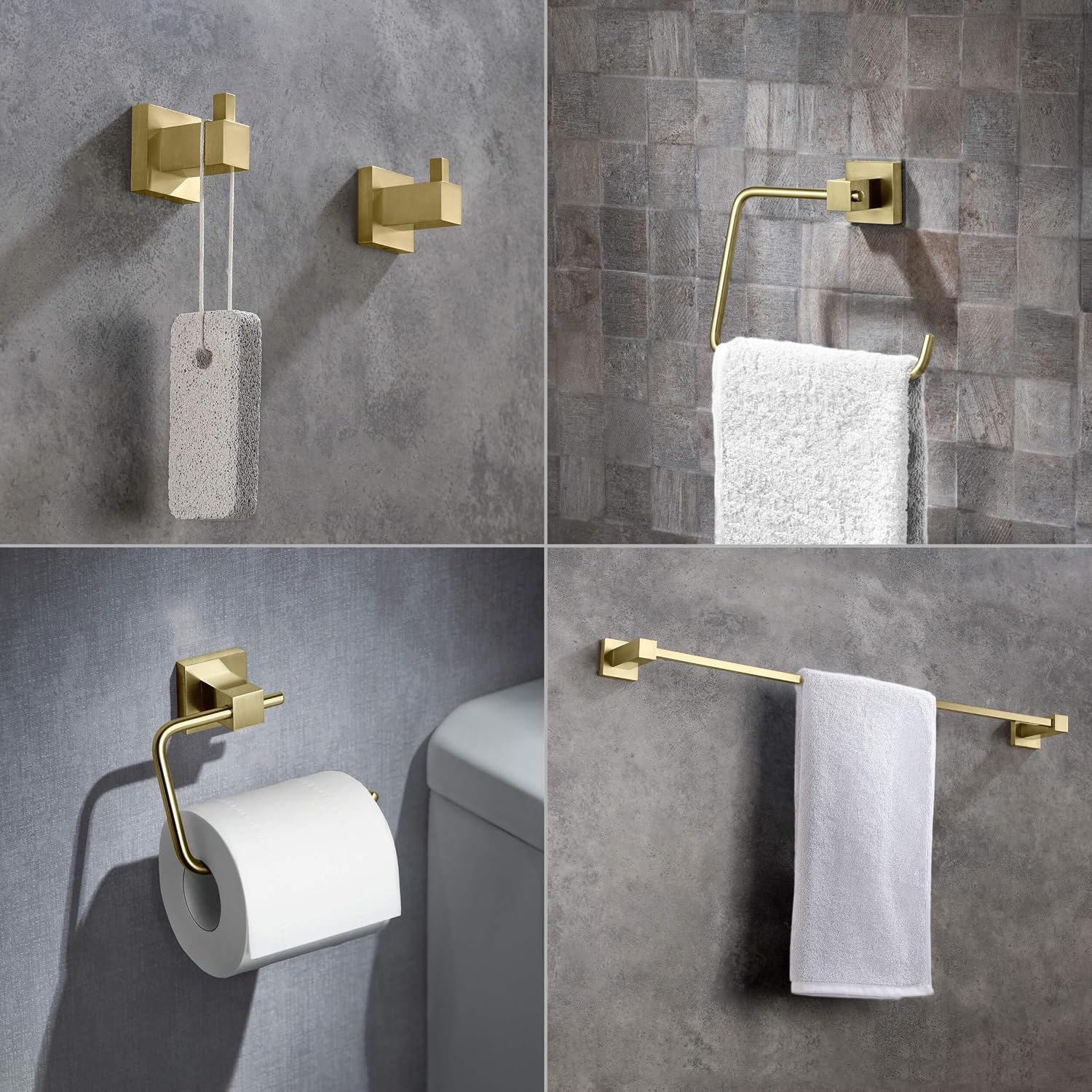 KIBI Cube Bathroom Hardware Set 5 Piece Bathroom Accessories Set | Towel Bar (24'), Towel Ring, Toilet Paper Holder, Robe Hooks (Brushed Gold) (C-KBA15-5-2)