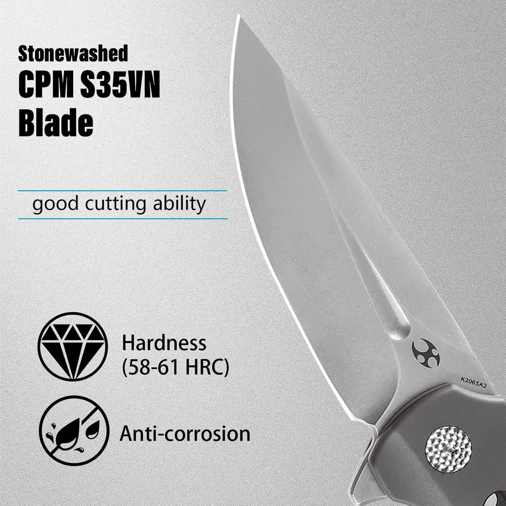KANSEPT Cassowary Premium Pocket Folding Knives for Men EDC Pocket Knife 2.9'' Stonewashed CPM S35VN Blade Excellent Folding Knife with Grey Anodized Titanium Handle EDC K2065A2