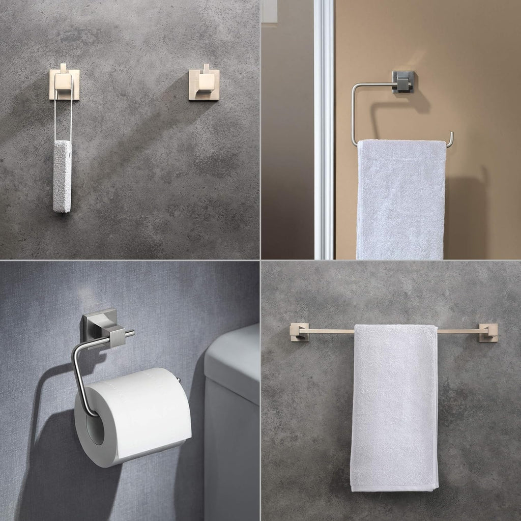 KIBI Cube Bathroom Hardware Set, 5-Piece Accessories Set | 18' Towel Bar, Towel Ring, Toilet Paper Holder, 2 Robe Hooks | Solid Brass Wall Mounted Bathroom Fixtures | Brushed Nickel, C-KBA15-5-4